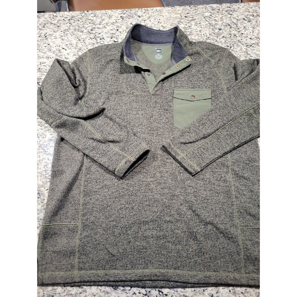 REI Mens Sz LRG‎ 1/4 Snap Button Fleece Sweater Green Pullover Stretch Casual